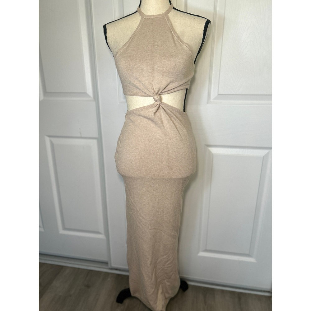 12th Tribe Maxi Dress Cutout Twist Front S Beige Halter Backless NWT